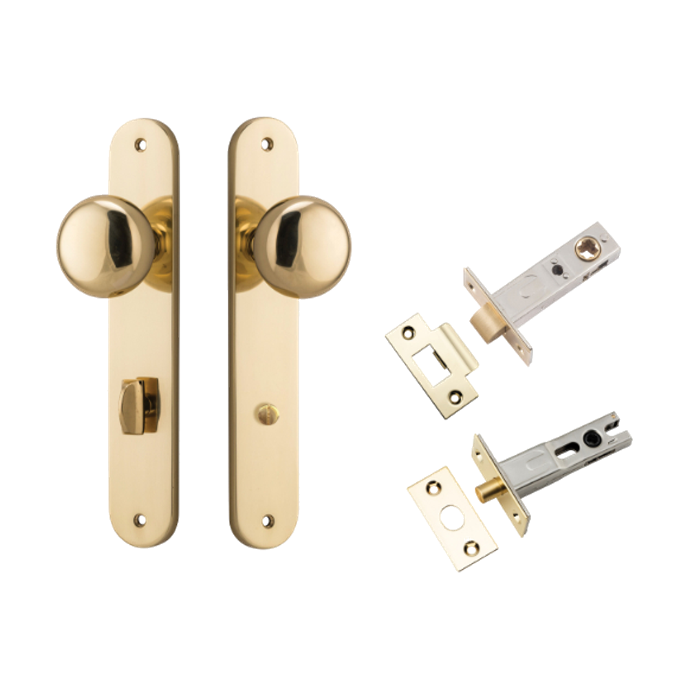 Door Knob Cambridge Oval Privacy Polished Brass CTC85mm H240xW40xP67mm Inbuilt Privacy Kit, Tube Latch Split Cam 'T' Striker Polished Brass Backset 60mm, Privacy Bolt Round Bolt Polished Brass Backset 60mm in Polished Brass