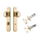 Door Knob Cambridge Oval Privacy Polished Brass CTC85mm H240xW40xP67mm Inbuilt Privacy Kit, Tube Latch Split Cam 'T' Striker Polished Brass Backset 60mm, Privacy Bolt Round Bolt Polished Brass Backset 60mm in Polished Brass