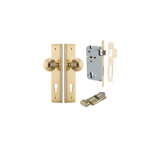 Door Knob Guildford Stepped Euro Polished Brass CTC85mm H240xW50xP60mm Entrance Kit, Mortice Lock Euro Polished Brass CTC85mm Backset 60mm, Euro Cylinder Key Thumb 6 Pin Polished Brass L70mm KA1 in Polished Brass