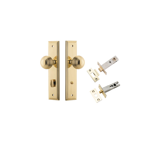 Door Knob Guildford Stepped Privacy Polished Brass CTC85mm H240xW50xP60mm Inbuilt Privacy Kit, Tube Latch Split Cam 'T' Striker Polished Brass Backset 60mm, Privacy Bolt Round Bolt Polished Brass Backset 60mm in Polished Brass
