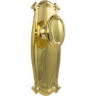 Pair of Tradco Bungalow Knobs on long backplates, vintage-style door hardware with brass finish.