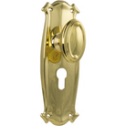 Pair of Tradco Bungalow Knobs with long backplates, featuring vintage-style brass finish and decorative design.