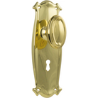 Pair of Tradco Bungalow knobs on long backplates with decorative detailing, ideal for vintage-style doors.