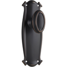 Pair of Tradco Bungalow door knobs on long backplates, featuring vintage-style brass hardware for classic interior decor.