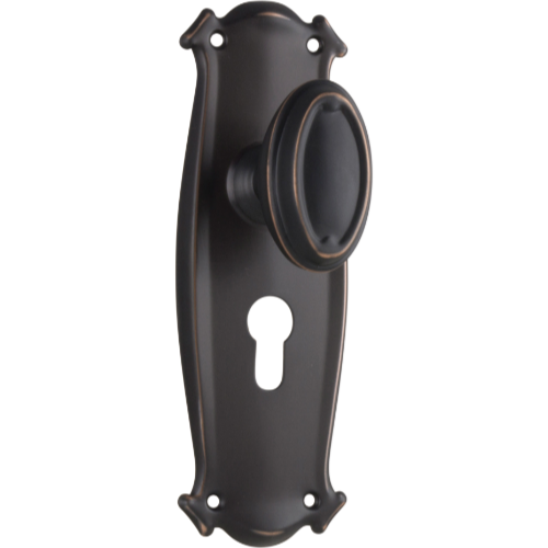 Pair of Tradco Bungalow knobs on long backplates, featuring vintage-style brass hardware for doors or cabinets.