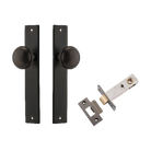 Pair of Iver Paddington knobs on rectangular backplates, architectural hardware with a sleek, modern design for doors or cabinets.