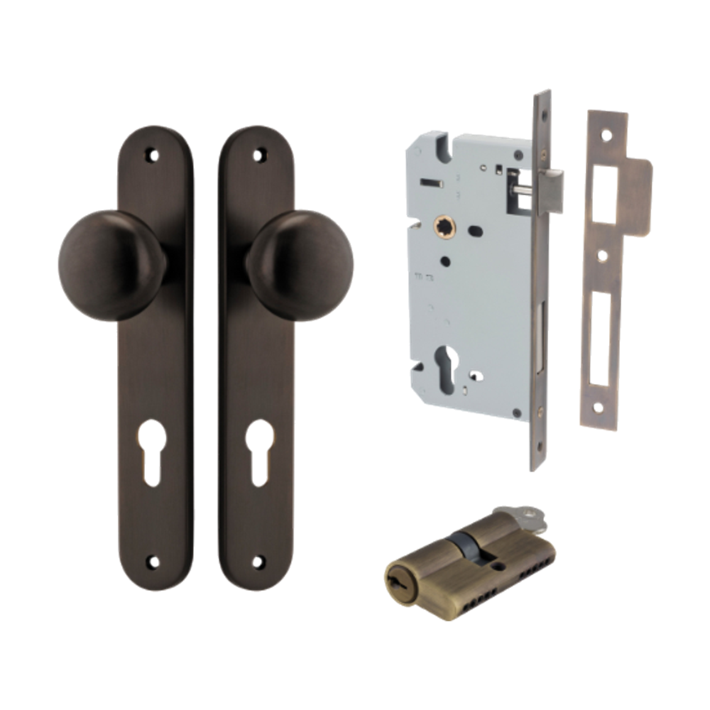 Door Knob Cambridge Oval Euro Signature Brass CTC85mm H240xW40xP67mm Entrance Kit, Mortice Lock Euro Signature Brass CTC85mm Backset 60mm, Euro Cylinder Dual Function 5 Pin Signature Brass L65mm KA1 in Signature Brass
