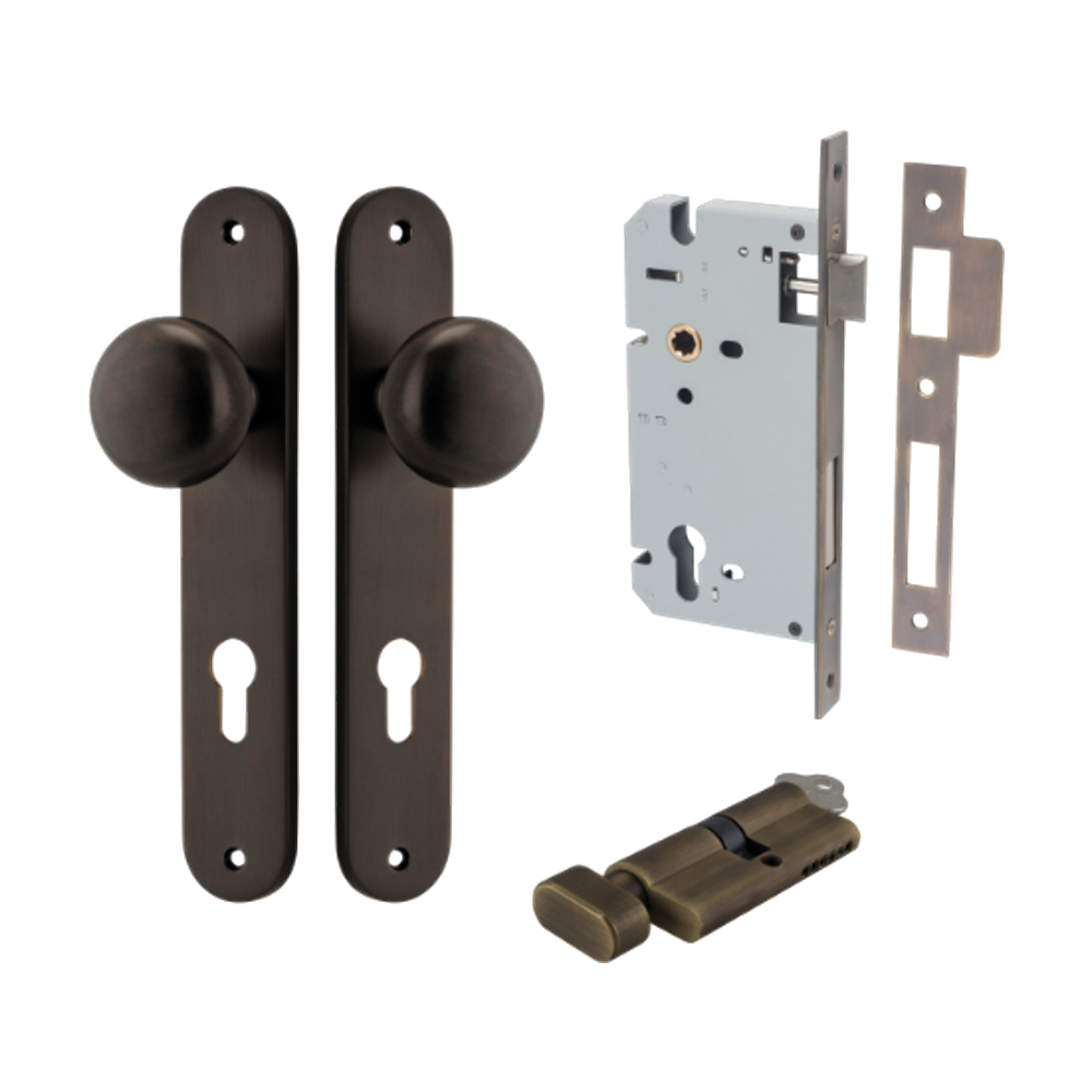 Door Knob Cambridge Oval Euro Signature Brass CTC85mm H240xW40xP67mm Entrance Kit, Mortice Lock Euro Signature Brass CTC85mm Backset 60mm, Euro Cylinder Key Thumb 6 Pin Signature Brass L70mm KA1 in Signature Brass