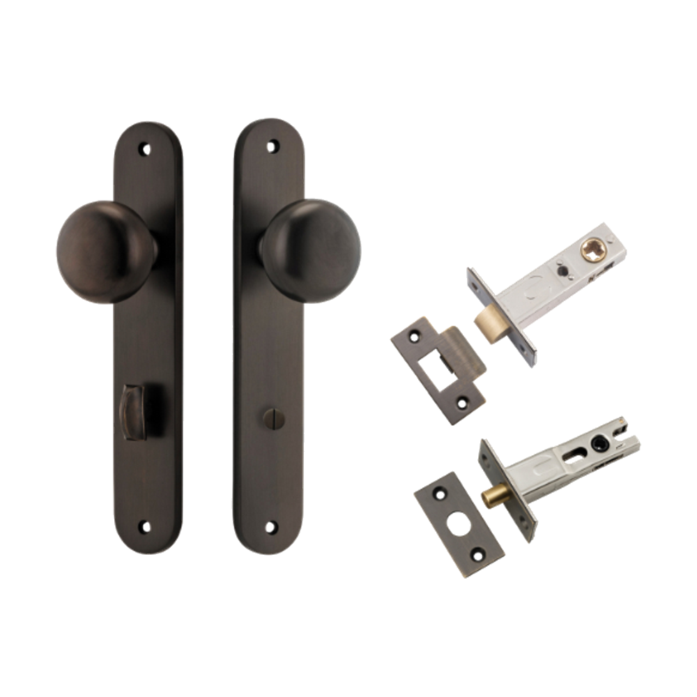 Door Knob Cambridge Oval Privacy Signature Brass CTC85mm H240xW40xP67mm Inbuilt Privacy Kit, Tube Latch Split Cam 'T' Striker Signature Brass Backset 60mm, Privacy Bolt Round Bolt Signature Brass Backset 60mm in Signature Brass
