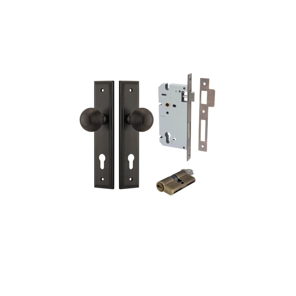 Door Knob Guildford Stepped Euro Signature Brass CTC85mm H240xW50xP60mm Entrance Kit, Mortice Lock Euro Signature Brass CTC85mm Backset 60mm, Euro Cylinder Dual Function 5 Pin Signature Brass L65mm KA1 in Signature Brass