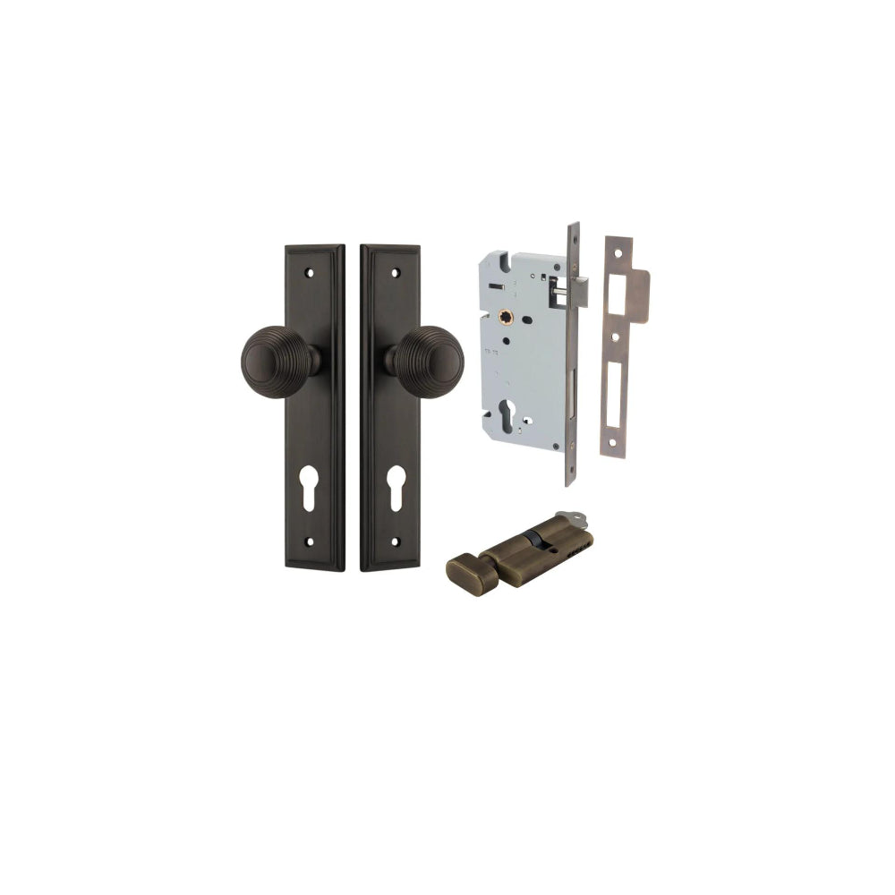 Door Knob Guildford Stepped Euro Signature Brass CTC85mm H240xW50xP60mm Entrance Kit, Mortice Lock Euro Signature Brass CTC85mm Backset 60mm, Euro Cylinder Key Thumb 6 Pin Signature Brass L70mm KA1 in Signature Brass