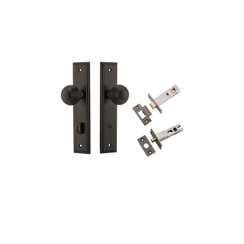 Door Knob Guildford Stepped Privacy Signature Brass CTC85mm H240xW50xP60mm Inbuilt Privacy Kit, Tube Latch Split Cam 'T' Striker Signature Brass Backset 60mm, Privacy Bolt Round Bolt Signature Brass Backset 60mm in Signature Brass