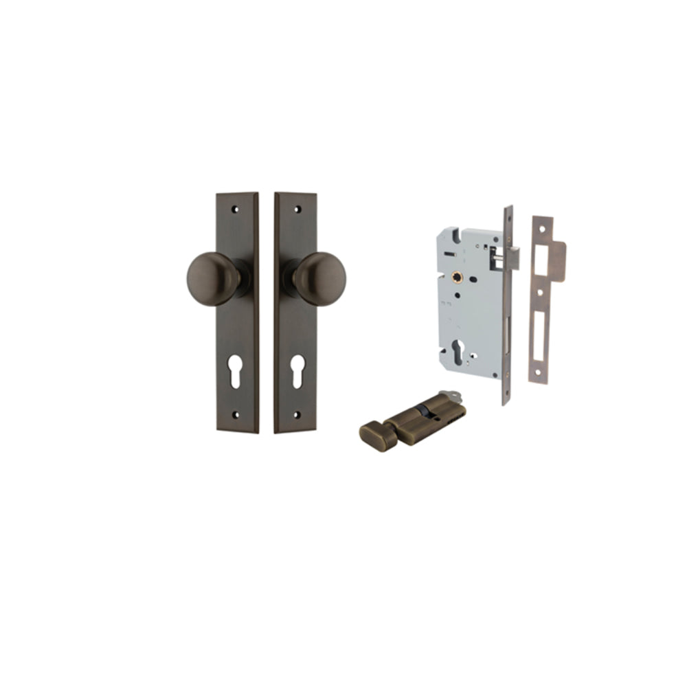 Door Knob Cambridge Chamfered Euro Pair Signature Brass CTC85mm D55xP62mm BPH240xW50mm, Mortice Lock Euro Signature Brass CTC85mm Backset 60mm, Euro Cylinder Key Thumb 5 Pin Signature Brass 65mm KA4 in Signature Brass