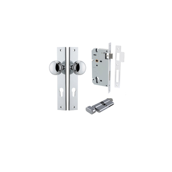 Door Knob Paddington Rectangular Euro Polished Chrome CTC85mm H240xW38xP68mm Entrance Kit Mortice Lock Euro Polished Chrome CTC85mm Backset 60mm, Euro Cylinder Key Thumb 6 Pin Polished Chrome L70mm KA1 in Polished Chrome