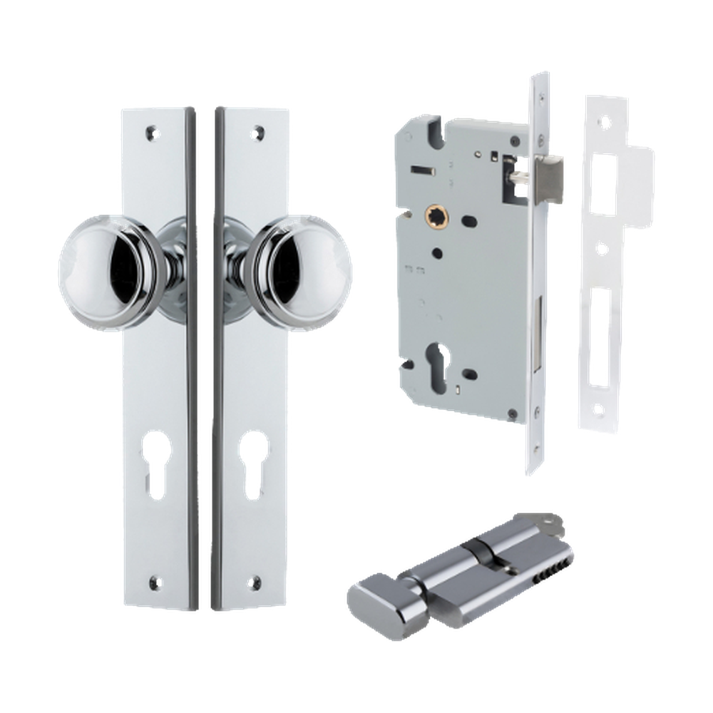 Door Knob Paddington Rectangular Euro Polished Chrome CTC85mm H240xW38xP68mm Entrance Kit Mortice Lock Euro Polished Chrome CTC85mm Backset 60mm, Euro Cylinder Key Thumb 6 Pin Polished Chrome L70mm KA1 in Polished Chrome