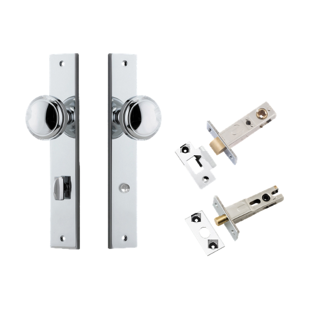 Door Knob Paddington Rectangular Privacy Polished Chrome CTC85mm H240xW38xP68mm Inbuilt Privacy Kit Tube Latch Split Cam 'T' Striker Polished Chrome Backset 60mm, Privacy Bolt Round Bolt Polished Chrome Backset 60mm in Polished Chrome