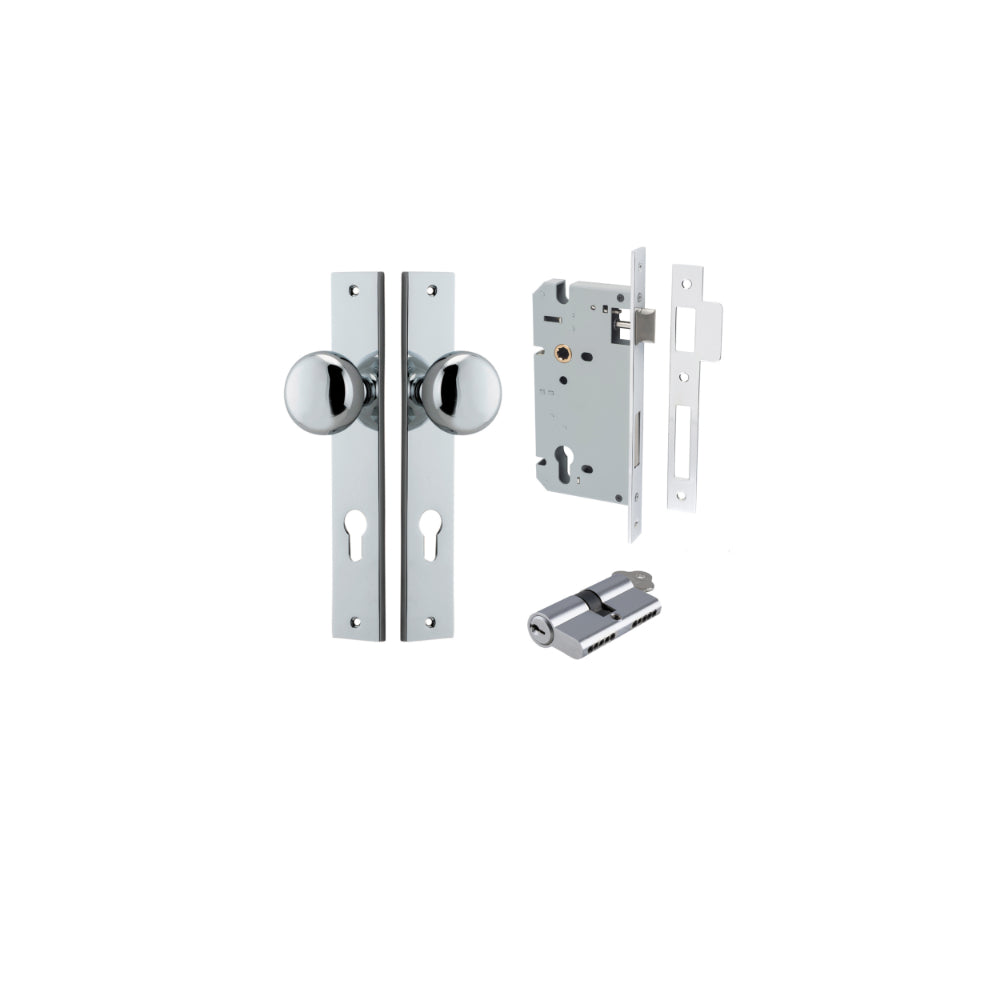 Door Knob Cambridge Rectangular Euro Polished Chrome CTC85mm H240xW38xP67mm Entrance Kit Mortice Lock Euro Polished Chrome CTC85mm Backset 60mm, Euro Cylinder Dual Function 5 Pin Polished Chrome L65mm KA1 in Polished Chrome
