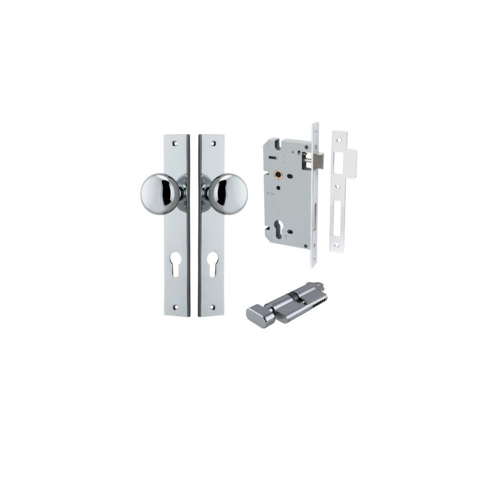 Door Knob Cambridge Rectangular Euro Polished Chrome CTC85mm H240xW38xP67mm Entrance Kit Mortice Lock Euro Polished Chrome CTC85mm Backset 60mm, Euro Cylinder Key Thumb 6 Pin Polished Chrome L70mm KA1 in Polished Chrome