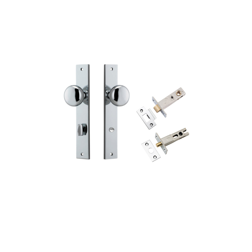 Door Knob Cambridge Rectangular Privacy Polished Chrome CTC85mm H240xW38xP67mm Inbuilt Privacy Kit Tube Latch Split Cam 'T' Striker Polished Chrome Backset 60mm, Privacy Bolt Round Bolt Polished Chrome Backset 60mm in Polished Chrome