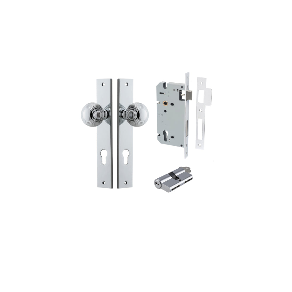 Door Knob Guildford Rectangular Euro Polished Chrome CTC85mm H240xW38xP60mm Entrance Kit Mortice Lock Euro Polished Chrome CTC85mm Backset 60mm, Euro Cylinder Dual Function 5 Pin Polished Chrome L65mm KA1 in Polished Chrome