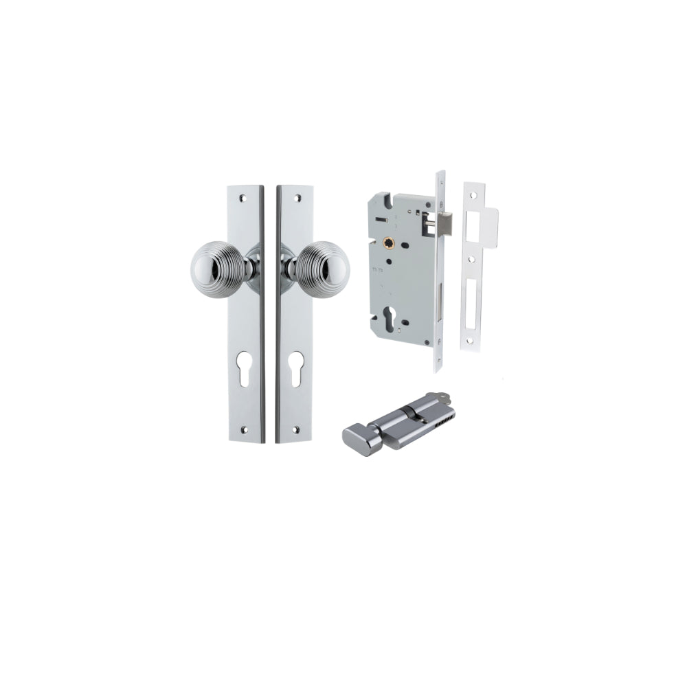 Door Knob Guildford Rectangular Euro Polished Chrome CTC85mm H240xW38xP60mm Entrance Kit Mortice Lock Euro Polished Chrome CTC85mm Backset 60mm, Euro Cylinder Key Thumb 6 Pin Polished Chrome L70mm KA1 in Polished Chrome