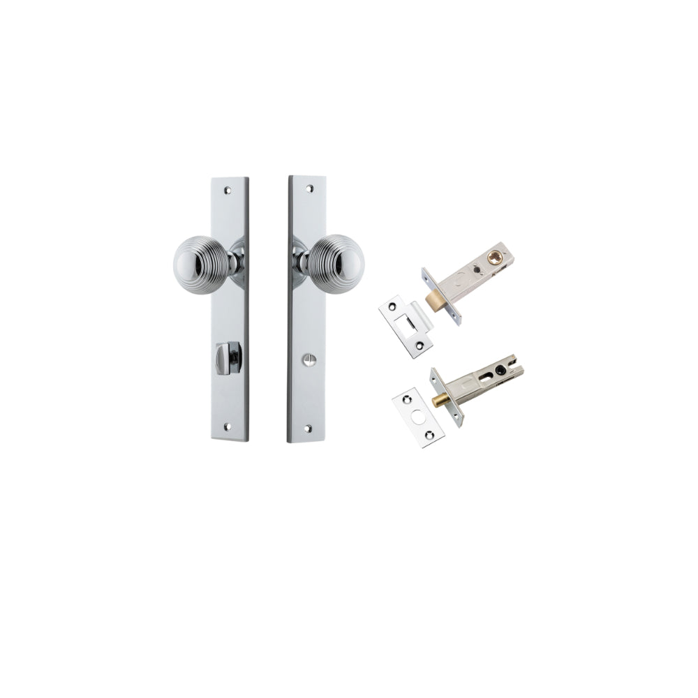 Door Knob Guildford Rectangular Privacy Polished Chrome CTC85mm H240xW38xP60mm Inbuilt Privacy Kit Tube Latch Split Cam 'T' Striker Polished Chrome Backset 60mm, Privacy Bolt Round Bolt Polished Chrome Backset 60mm in Polished Chrome