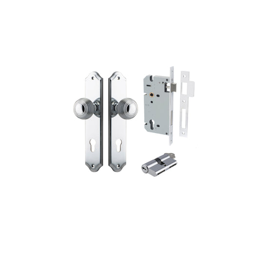 Door Knob Guildford Shouldered Euro Polished Chrome CTC85mm H240xW50xP60mm Entrance Kit, Mortice Lock Euro Polished Chrome CTC85mm Backset 60mm, Euro Cylinder Dual Function 5 Pin Polished Chrome L65mm KA1 in Polished Chrome