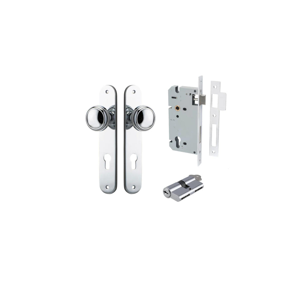 Door Knob Paddington Oval Euro Polished Chrome CTC85mm H240xW40xP68mm Entrance Kit, Mortice Lock Euro Polished Chrome CTC85mm Backset 60mm, Euro Cylinder Dual Function 5 Pin Polished Chrome L65mm KA1 in Polished Chrome