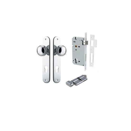 Door Knob Paddington Oval Euro Polished Chrome CTC85mm H240xW40xP68mm Entrance Kit, Mortice Lock Euro Polished Chrome CTC85mm Backset 60mm, Euro Cylinder Key Thumb 6 Pin Polished Chrome L70mm KA1 in Polished Chrome