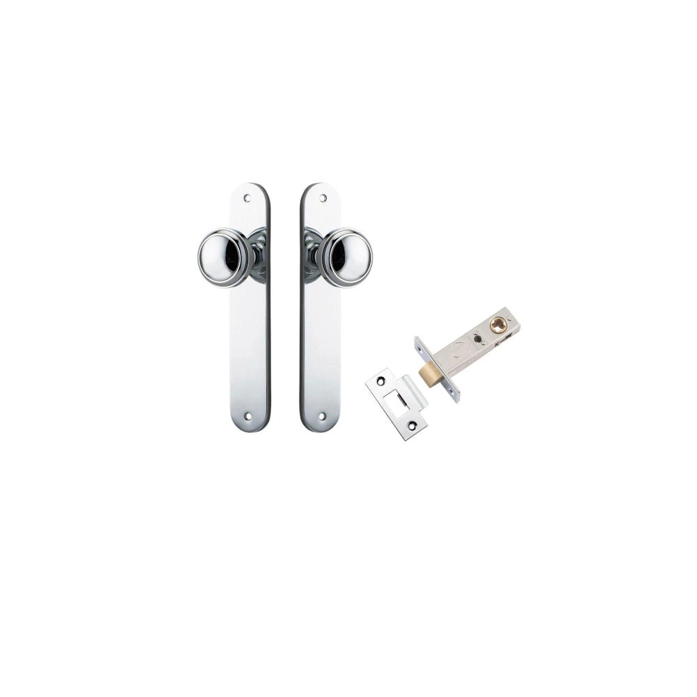 Door Knob Paddington Oval Latch Polished Chrome H240xW40xP68mm Passage Kit, Tube Latch Split Cam 'T' Striker Polished Chrome Backset 60mm in Polished Chrome