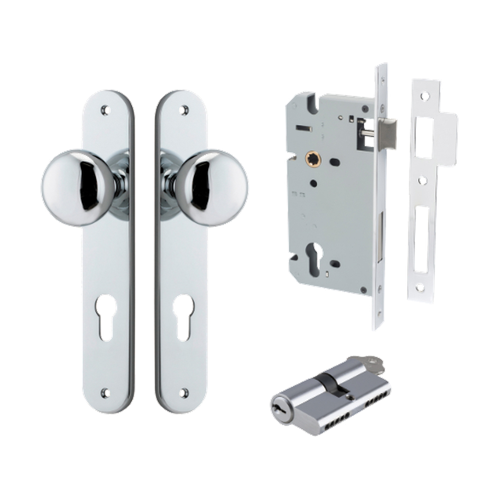 Door Knob Cambridge Oval Euro Polished Chrome CTC85mm H240xW40xP67mm Entrance Kit, Mortice Lock Euro Polished Chrome CTC85mm Backset 60mm, Euro Cylinder Dual Function 5 Pin Polished Chrome L65mm KA1 in Polished Chrome