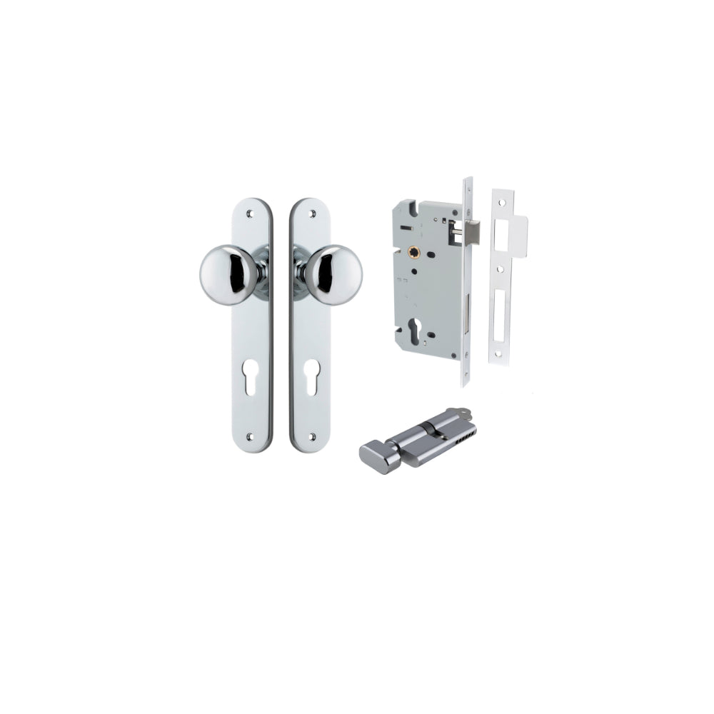 Door Knob Cambridge Oval Euro Polished Chrome CTC85mm H240xW40xP67mm Entrance Kit, Mortice Lock Euro Polished Chrome CTC85mm Backset 60mm, Euro Cylinder Key Thumb 6 Pin Polished Chrome L70mm KA1 in Polished Chrome