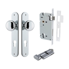Door Knob Cambridge Oval Euro Polished Chrome CTC85mm H240xW40xP67mm Entrance Kit, Mortice Lock Euro Polished Chrome CTC85mm Backset 60mm, Euro Cylinder Key Thumb 6 Pin Polished Chrome L70mm KA1 in Polished Chrome