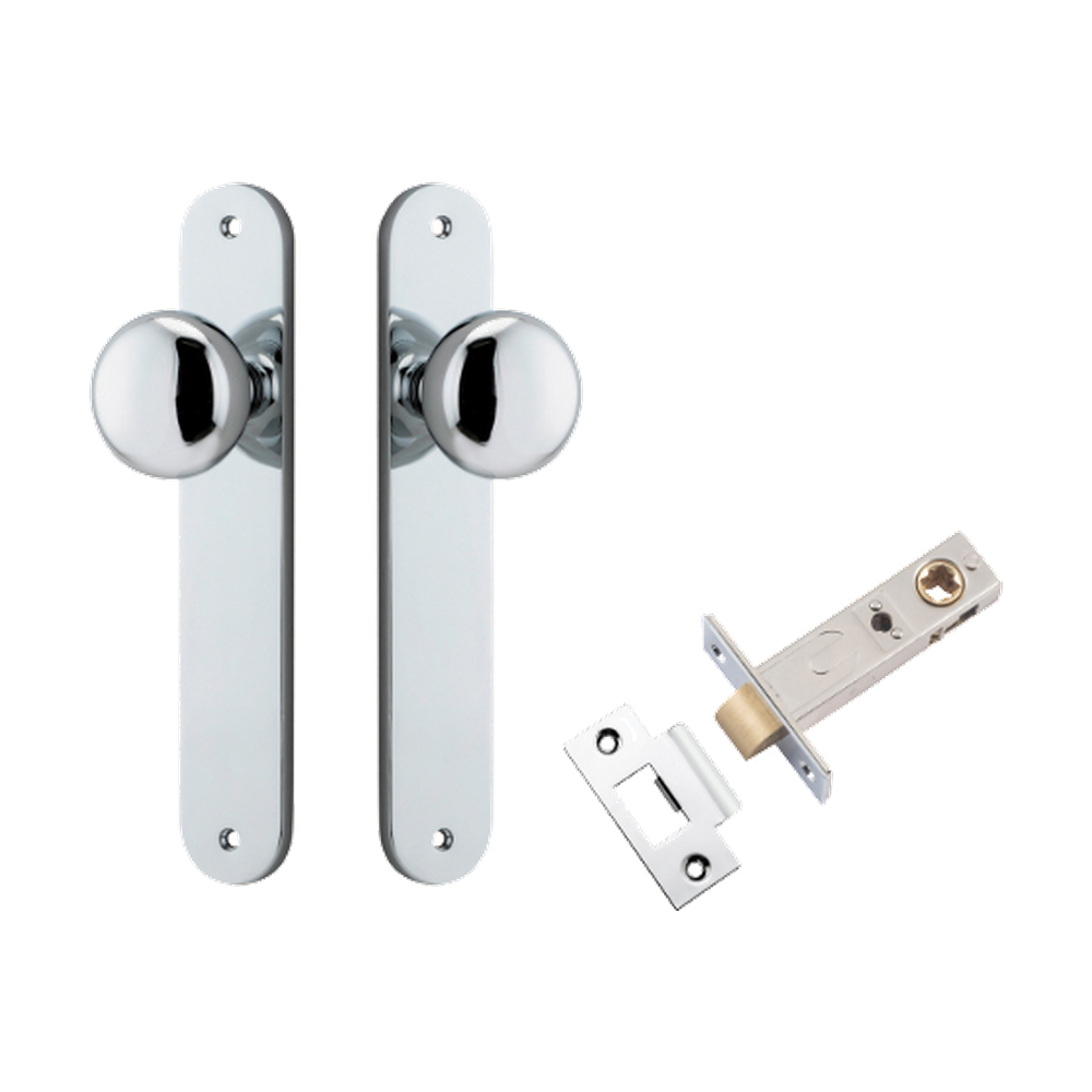 Door Knob Cambridge Oval Latch Polished Chrome H240xW40xP67mm Passage Kit, Tube Latch Split Cam 'T' Striker Polished Chrome Backset 60mm in Polished Chrome