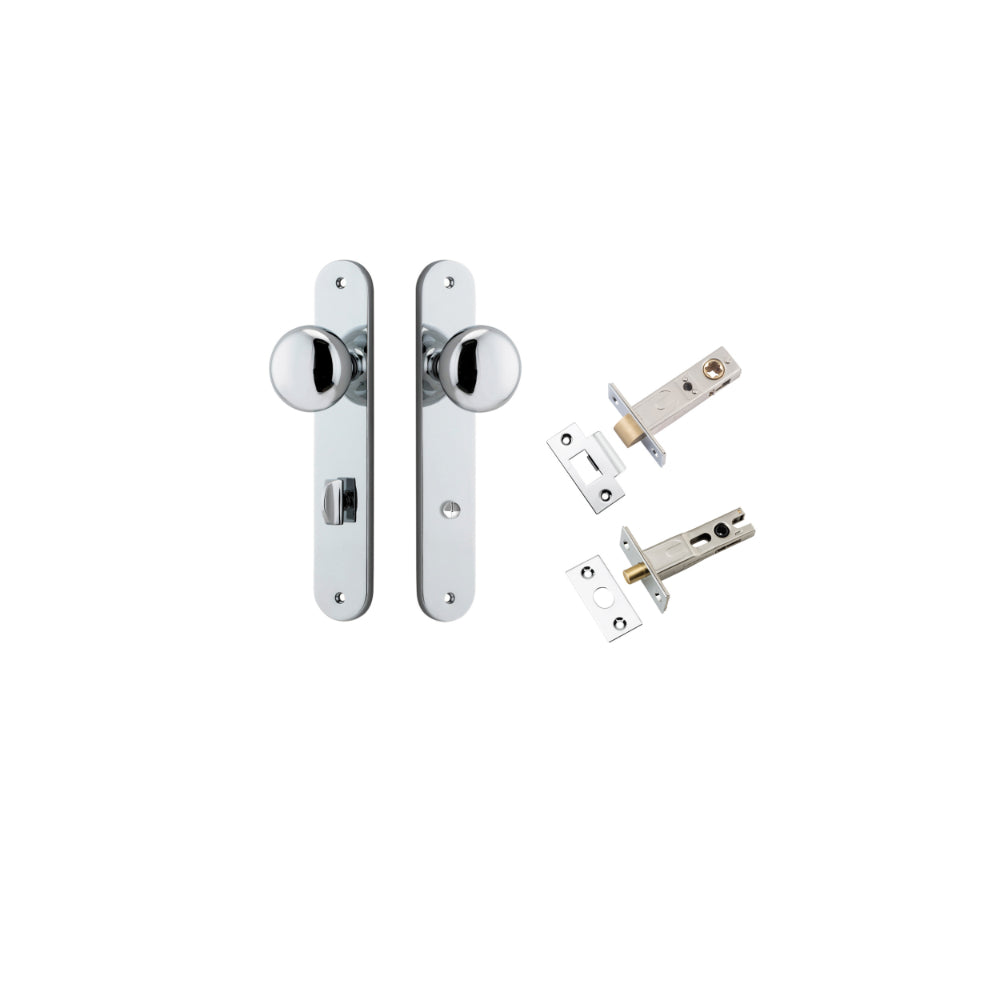 Door Knob Cambridge Oval Privacy Polished Chrome CTC85mm H240xW40xP67mm Inbuilt Privacy Kit, Tube Latch Split Cam 'T' Striker Polished Chrome Backset 60mm, Privacy Bolt Round Bolt Polished Chrome Backset 60mm in Polished Chrome