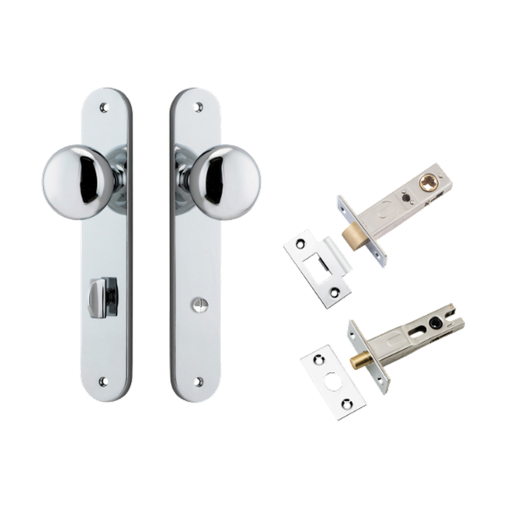 Door Knob Cambridge Oval Privacy Polished Chrome CTC85mm H240xW40xP67mm Inbuilt Privacy Kit, Tube Latch Split Cam 'T' Striker Polished Chrome Backset 60mm, Privacy Bolt Round Bolt Polished Chrome Backset 60mm in Polished Chrome