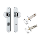Door Knob Cambridge Oval Privacy Polished Chrome CTC85mm H240xW40xP67mm Inbuilt Privacy Kit, Tube Latch Split Cam 'T' Striker Polished Chrome Backset 60mm, Privacy Bolt Round Bolt Polished Chrome Backset 60mm in Polished Chrome