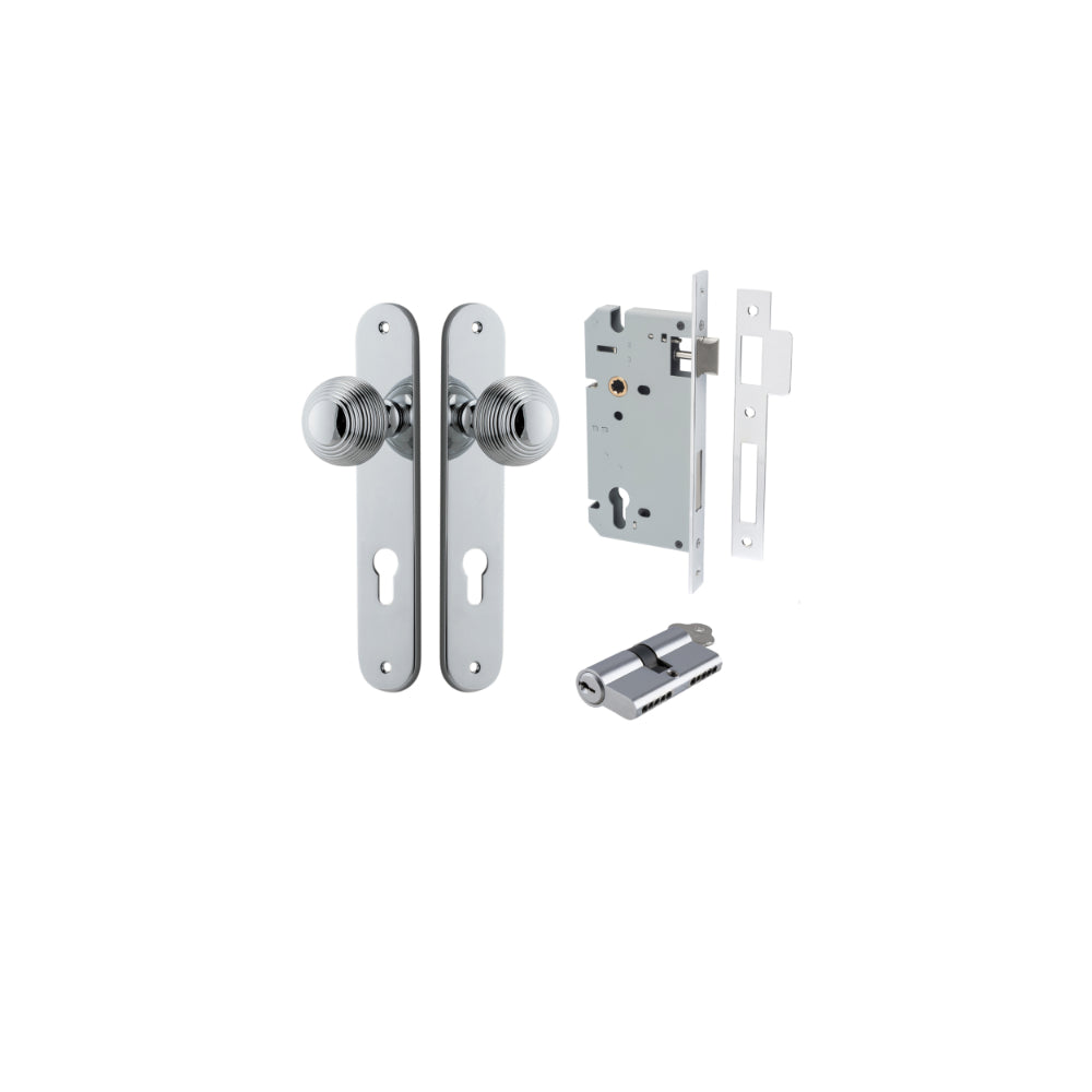 Door Knob Guildford Oval Euro Polished Chrome CTC85mm H240xW40xP60mm Entrance Kit, Mortice Lock Euro Polished Chrome CTC85mm Backset 60mm, Euro Cylinder Dual Function 5 Pin Polished Chrome L65mm KA1 in Polished Chrome