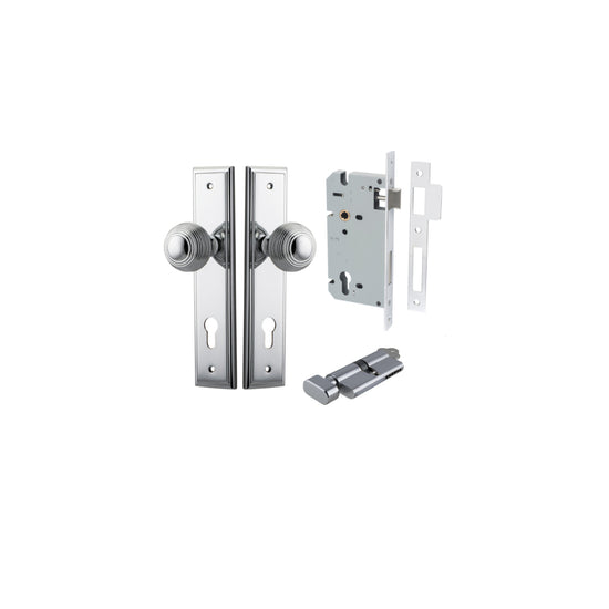 Door Knob Guildford Stepped Euro Polished Chrome CTC85mm H240xW50xP60mm Entrance Kit, Mortice Lock Euro Polished Chrome CTC85mm Backset 60mm, Euro Cylinder Key Thumb 6 Pin Polished Chrome L70mm KA1 in Polished Chrome