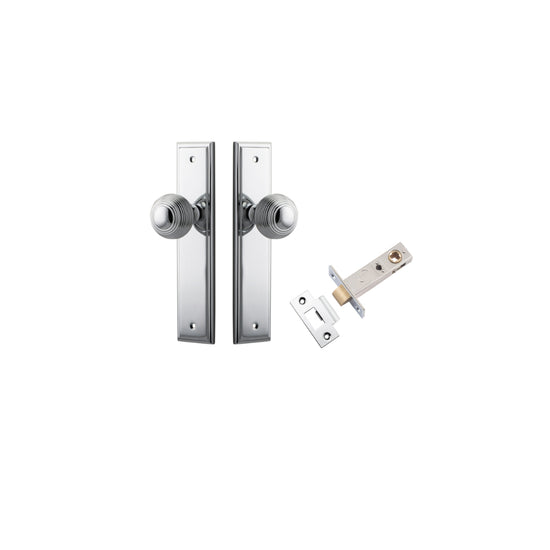 Door Knob Guildford Stepped Latch Polished Chrome H240xW50xP60mm Passage Kit, Tube Latch Split Cam 'T' Striker Polished Chrome Backset 60mm in Polished Chrome