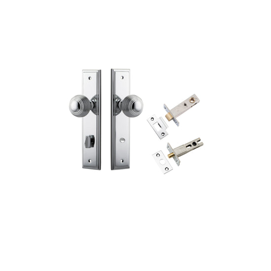 Door Knob Guildford Stepped Privacy Polished Chrome CTC85mm H240xW50xP60mm Inbuilt Privacy Kit, Tube Latch Split Cam 'T' Striker Polished Chrome Backset 60mm, Privacy Bolt Round Bolt Polished Chrome Backset 60mm in Polished Chrome