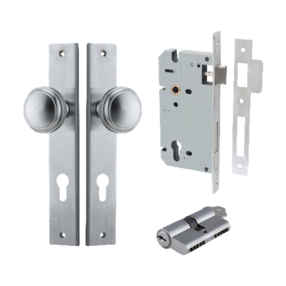 Door Knob Paddington Rectangular Euro Brushed Chrome CTC85mm H240xW38xP68mm Entrance Kit Mortice Lock Euro Brushed Chrome CTC85mm Backset 60mm, Euro Cylinder Dual Function 5 Pin Brushed Chrome L65mm KA1 in Brushed Chrome