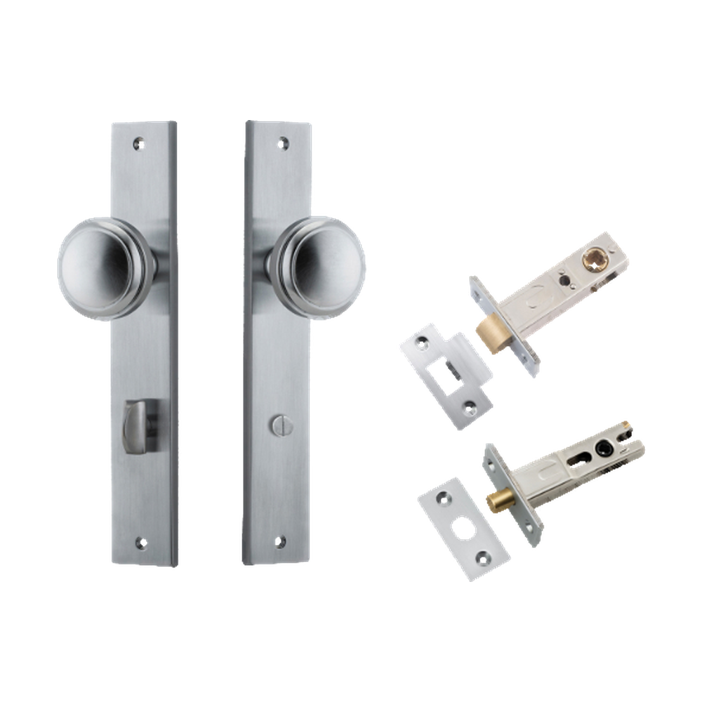 Door Knob Paddington Rectangular Privacy Brushed Chrome CTC85mm H240xW38xP68mm Inbuilt Privacy Kit Tube Latch Split Cam 'T' Striker Brushed Chrome Backset 60mm, Privacy Bolt Round Bolt Brushed Chrome Backset 60mm in Brushed Chrome