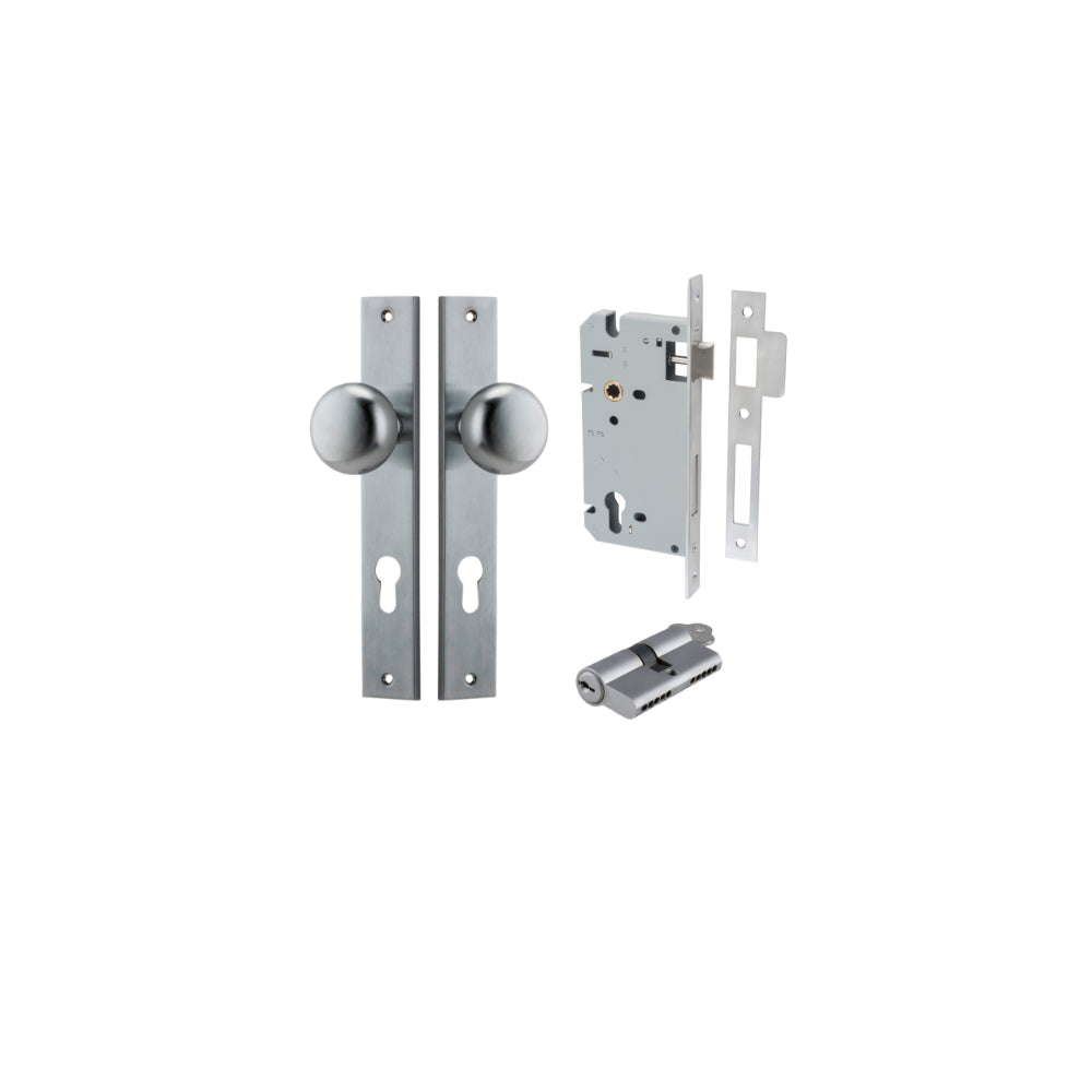 Door Knob Cambridge Rectangular Euro Brushed Chrome CTC85mm H240xW38xP67mm Entrance Kit Mortice Lock Euro Brushed Chrome CTC85mm Backset 60mm, Euro Cylinder Dual Function 5 Pin Brushed Chrome L65mm KA1 in Brushed Chrome