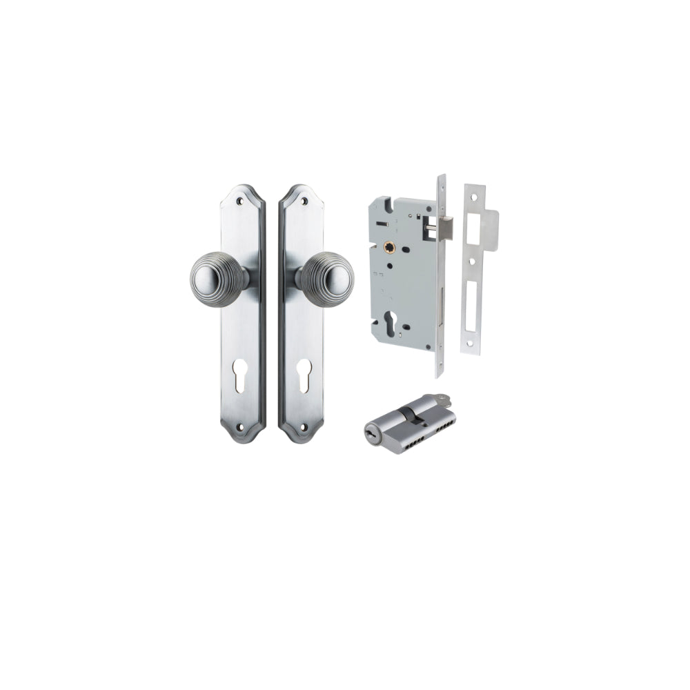 Door Knob Guildford Shouldered Euro Brushed Chrome CTC85mm H240xW50xP60mm Entrance Kit, Mortice Lock Euro Brushed Chrome CTC85mm Backset 60mm, Euro Cylinder Dual Function 5 Pin Brushed Chrome L65mm KA1 in Brushed Chrome