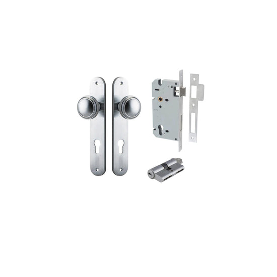 Door Knob Paddington Oval Euro Brushed Chrome CTC85mm H240xW40xP68mm Entrance Kit, Mortice Lock Euro Brushed Chrome CTC85mm Backset 60mm, Euro Cylinder Dual Function 5 Pin Brushed Chrome L65mm KA1 in Brushed Chrome