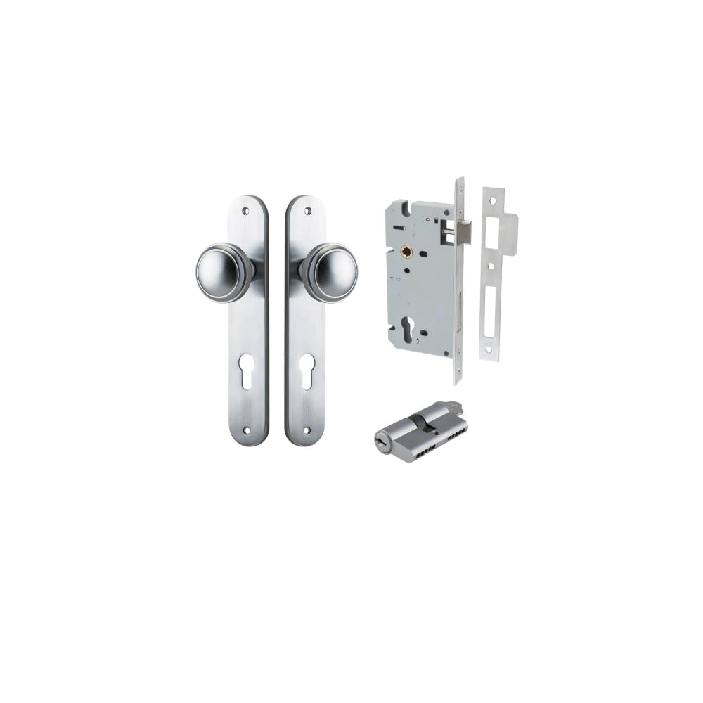 Door Knob Paddington Oval Euro Brushed Chrome CTC85mm H240xW40xP68mm Entrance Kit, Mortice Lock Euro Brushed Chrome CTC85mm Backset 60mm, Euro Cylinder Dual Function 5 Pin Brushed Chrome L65mm KA1 in Brushed Chrome