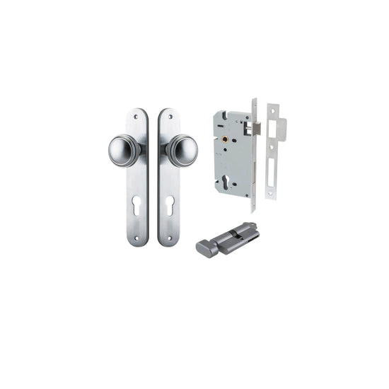 Door Knob Paddington Oval Euro Brushed Chrome CTC85mm H240xW40xP68mm Entrance Kit, Mortice Lock Euro Brushed Chrome CTC85mm Backset 60mm, Euro Cylinder Key Thumb 6 Pin Brushed Chrome L70mm KA1 in Brushed Chrome