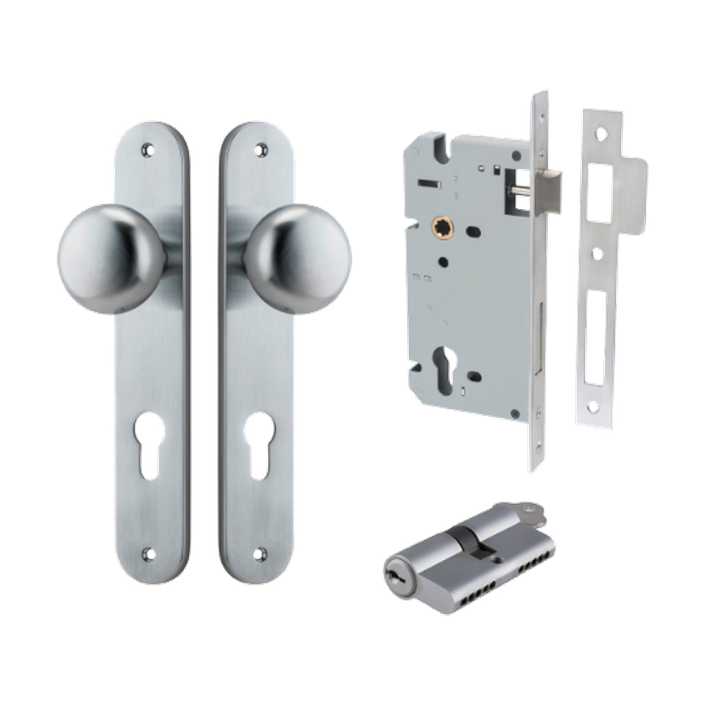 Door Knob Cambridge Oval Euro Brushed Chrome CTC85mm H240xW40xP67mm Entrance Kit, Mortice Lock Euro Brushed Chrome CTC85mm Backset 60mm, Euro Cylinder Dual Function 5 Pin Brushed Chrome L65mm KA1 in Brushed Chrome