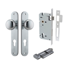 Door Knob Cambridge Oval Euro Brushed Chrome CTC85mm H240xW40xP67mm Entrance Kit, Mortice Lock Euro Brushed Chrome CTC85mm Backset 60mm, Euro Cylinder Key Thumb 6 Pin Brushed Chrome L70mm KA1 in Brushed Chrome